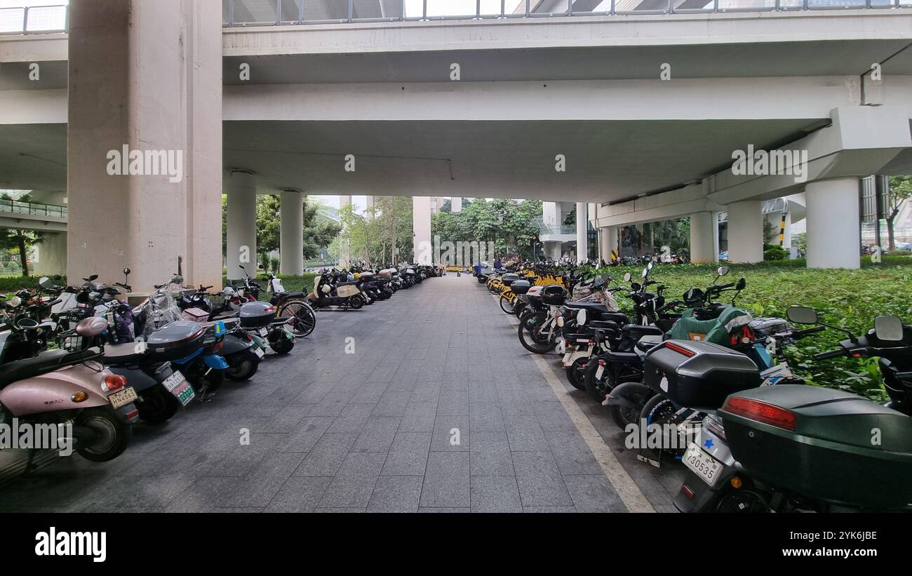 Numerous electric motorcycles and scooters are parked in neat rows, suggesting a popular mode of transportation in this city. - Smartphone Captured Stock Image