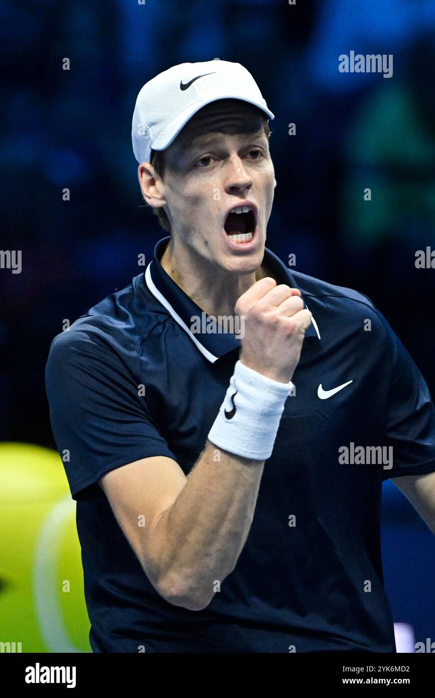 Inalpi Arena, Turin, Italy. 17th Nov, 2024. Nitto ATP Finals 2024 Day 8; Jannik Sinner of Italy celebrates a point against Taylor Fritz of the United States Credit: Action Plus Sports/Alamy Live News Stock Photo