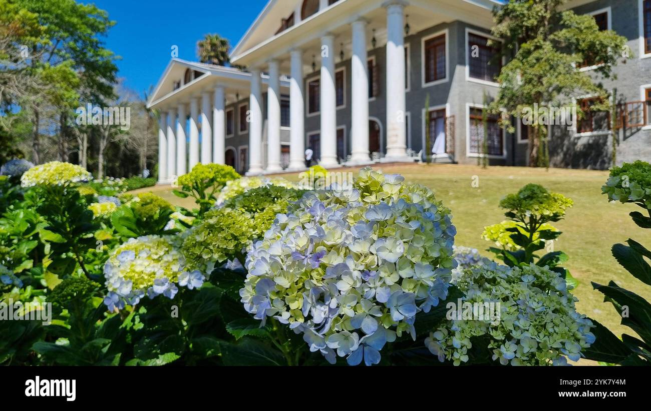 A grand, colonial-style hotel nestled amidst the rolling hills of Domingos Martins, Espírito Santo. - Smartphone Captured Stock Image