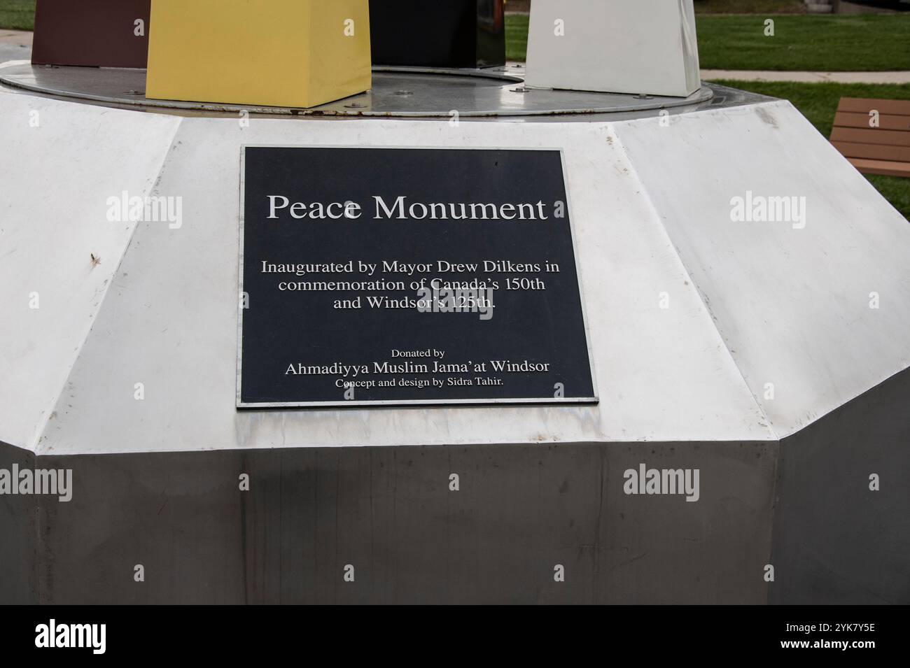 Sign for Peace Monument sculpture at Windsor Sculpture Garden park in Windsor, Ontario, Canada Stock Photo