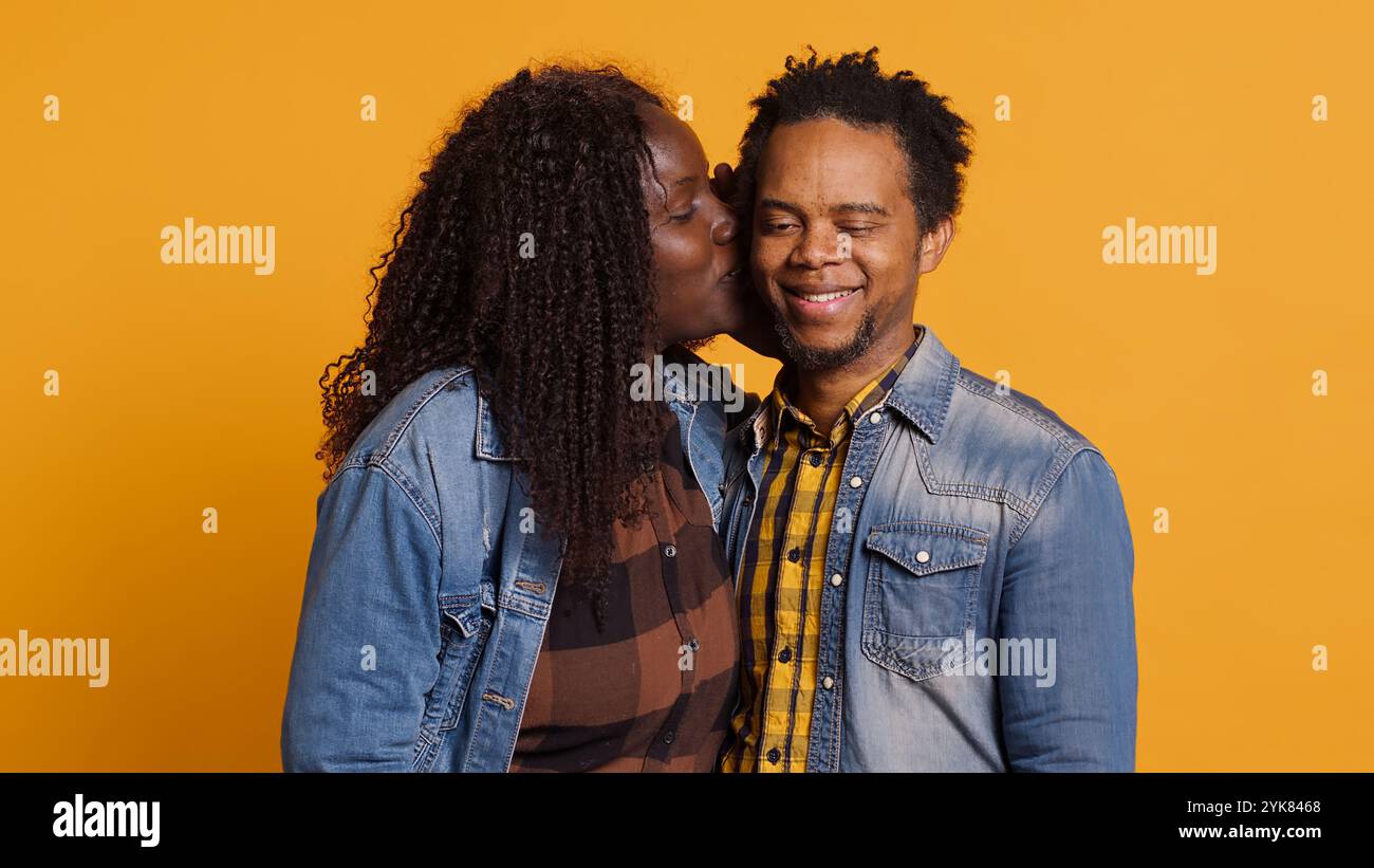 Tender whisper of intimate affection, lips close to ear in loving closeness