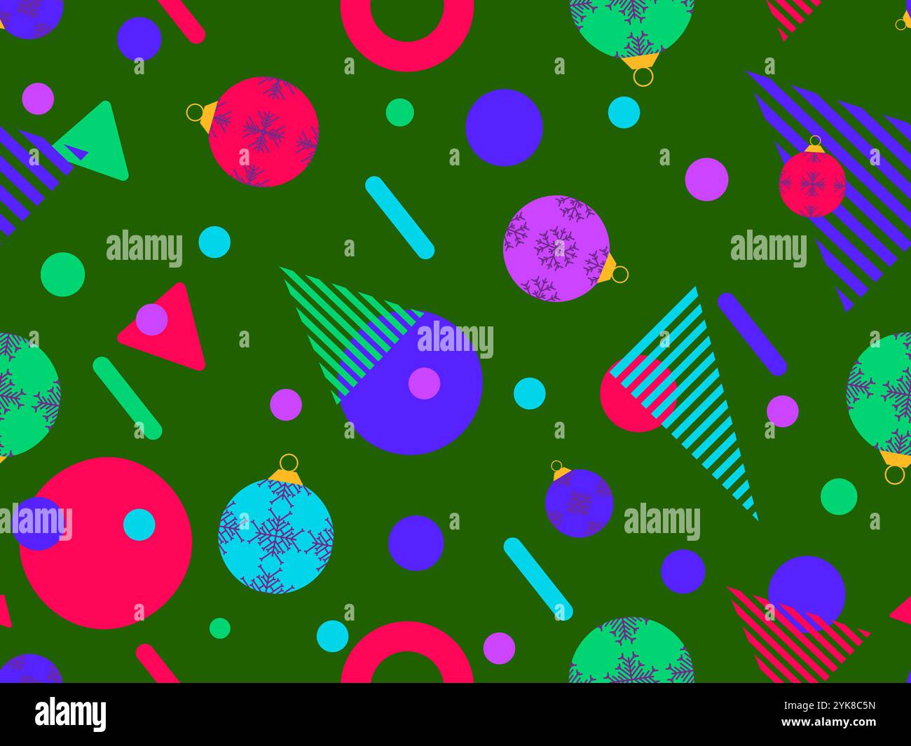 Geometric seamless pattern with Christmas balls. Christmas decorations and geometric shapes in 80's memphis style. Design of wallpapers, wrappers, cov Stock Vector