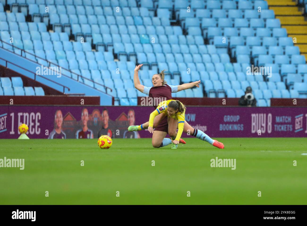 Birmingham, UK. 17th Nov, 2024. Indiah Paige Riley (20 Crystal Palace) is fouled by Kirsty Hanson (20 Aston Villa). Aston Villa v Crystal Palace, WSL, Villa Park, Birmingham. (Sean Walsh/SPP) Credit: SPP Sport Press Photo. /Alamy Live News Stock Photo