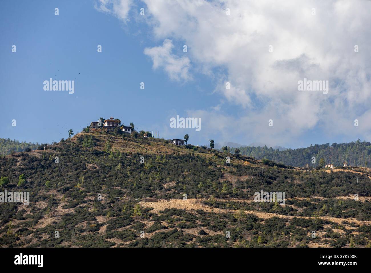 Traditional Bhutanese building complex nestled on a hillside, Paro, Bhutan. Stock Photo
