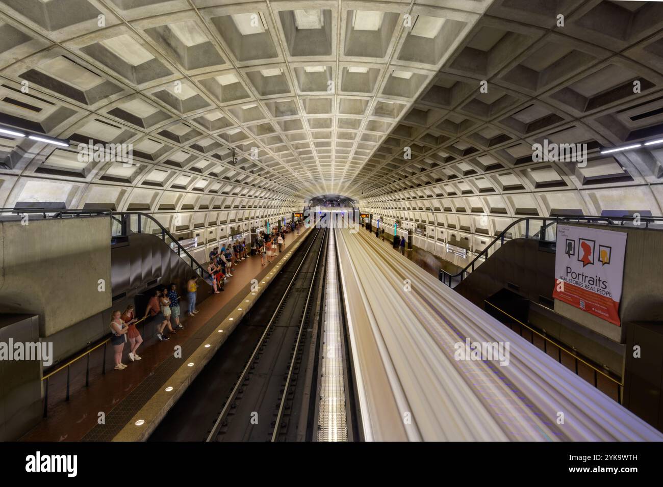 Blurred train light trails at Smithsonian Metro Station, train in motion, Washington D.C., USA Stock Photo