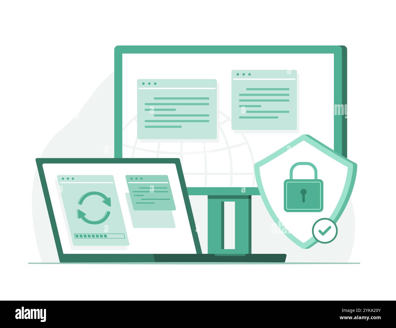 Laptop Computer and Desktop PC Computer Updating Security Data for Cyber Security Concept Illustration Stock Vector