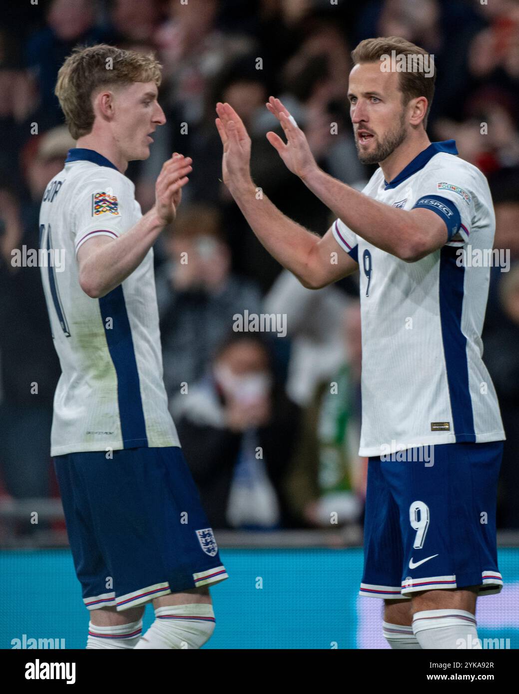 Harry Kane of England celebrates scoring with Anthony Gordon of England during the UEFA Nations League, League B, Group B2 match between England and Republic of Ireland at Wembley Stadium in London, England, United Kingdom on November 17, 2024 (Photo by Andrew Surma/ Credit: Sipa USA/Alamy Live News Stock Photo