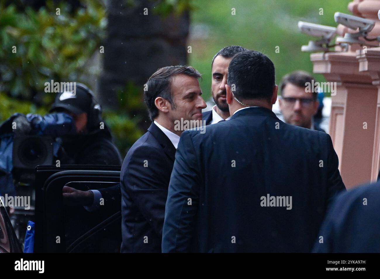 Buenos Aires, Argentina - November 17, 2024: French President Emmanuel Macron visits Argentina as part of a diplomatic tour aimed at strengthening bilateral ties and fostering cooperation between the two nations. Macron’s agenda includes meetings with President Gabriel Boric, discussions on economic partnerships, and collaborative initiatives in areas such as sustainable development and international trade. The visit underscores the importance of France's relationship with Latin America. Stock Photo