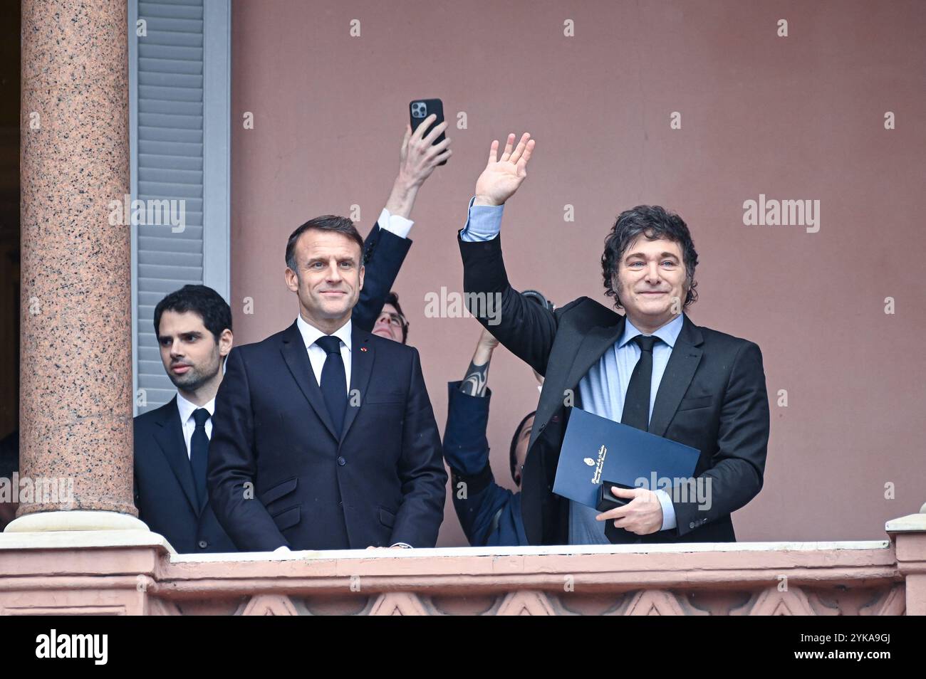 Buenos Aires, Argentina - November 17, 2024: French President Emmanuel Macron visits Argentina as part of a diplomatic tour aimed at strengthening bilateral ties and fostering cooperation between the two nations. Macron’s agenda includes meetings with President Gabriel Boric, discussions on economic partnerships, and collaborative initiatives in areas such as sustainable development and international trade. The visit underscores the importance of France's relationship with Latin America. Stock Photo