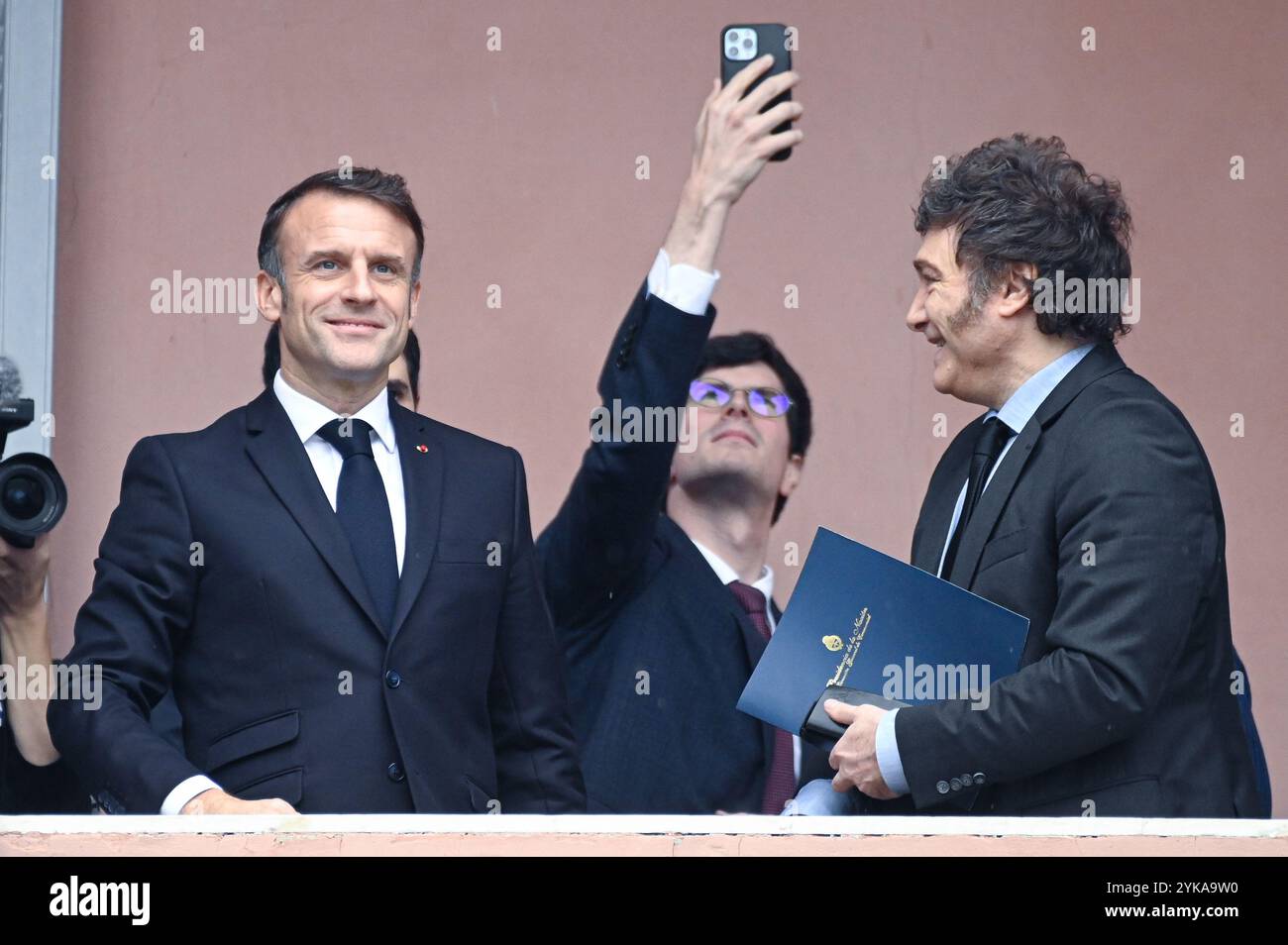 Buenos Aires, Argentina - November 17, 2024: French President Emmanuel Macron visits Argentina as part of a diplomatic tour aimed at strengthening bilateral ties and fostering cooperation between the two nations. Macron’s agenda includes meetings with President Gabriel Boric, discussions on economic partnerships, and collaborative initiatives in areas such as sustainable development and international trade. The visit underscores the importance of France's relationship with Latin America. Stock Photo