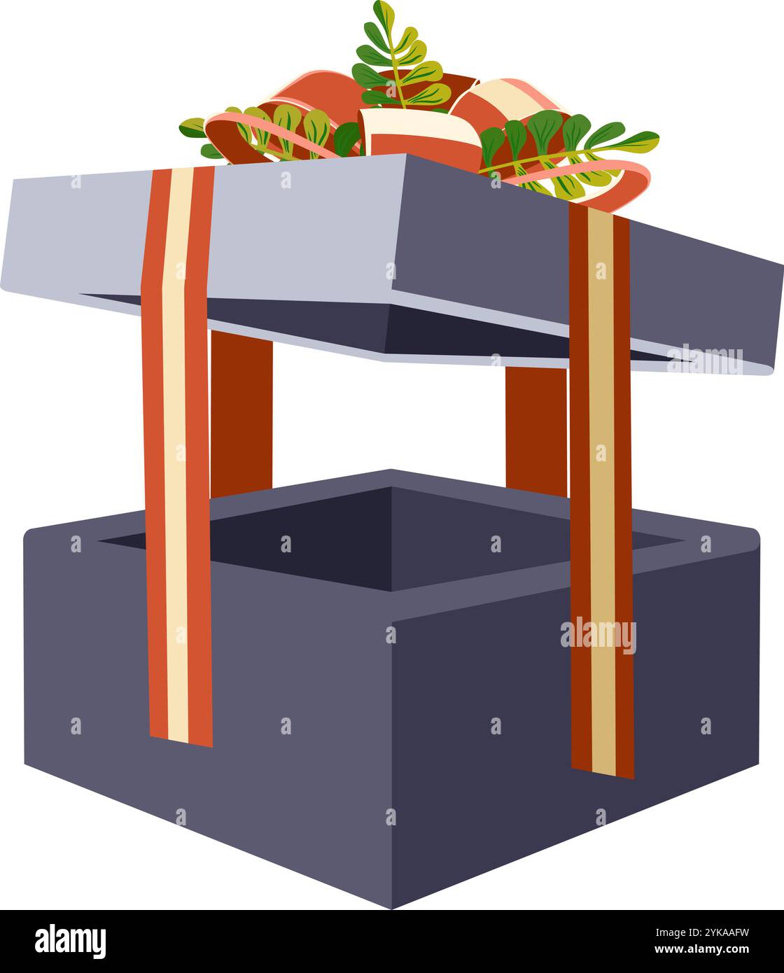 Gift box with lid, ribbon, decorative branches, and bow vector ...