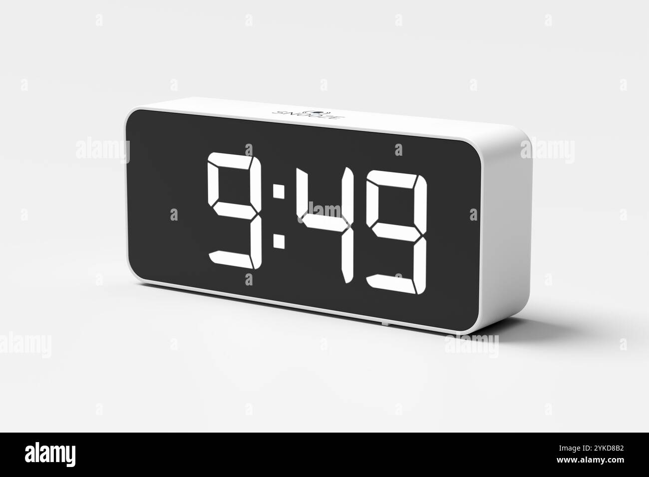 Modern digital alarm clock showing 9:49 am, isolated on a clean white ...