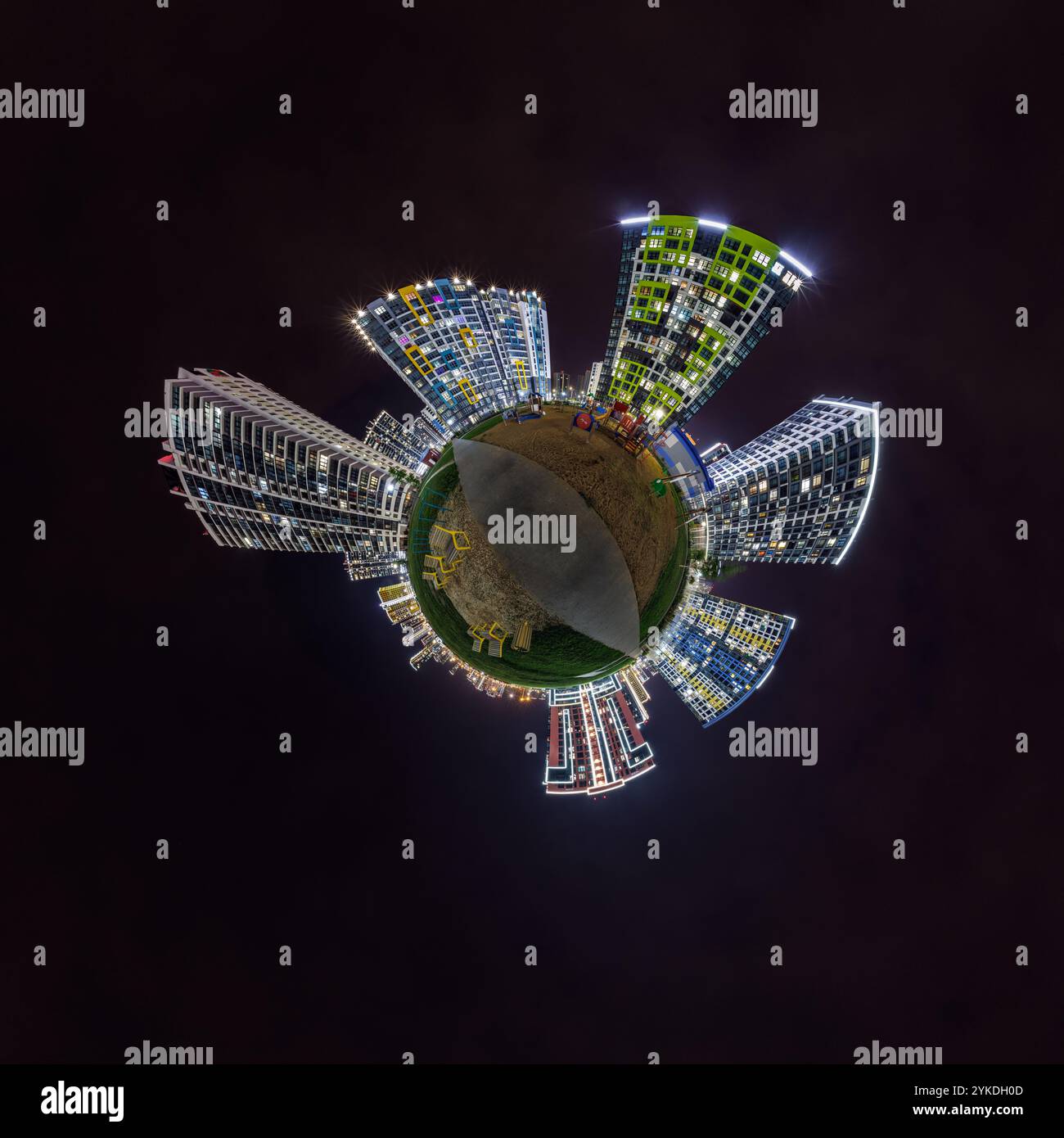 abstract swirling tiny planet spherical panorama of multi-storey ...