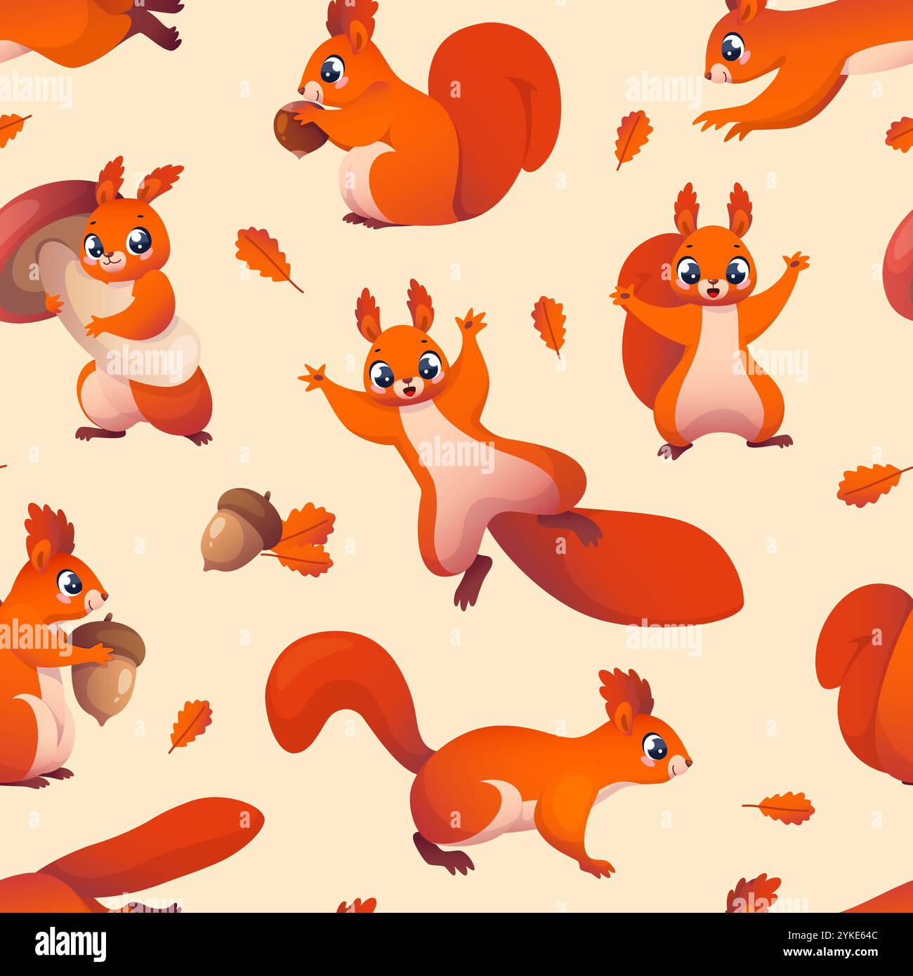 Cute squirrels seamless pattern. Cartoon funny animals characters, forest red rodents with acorns, mushrooms and nuts. Decor textile, wrapping paper, Stock Vector