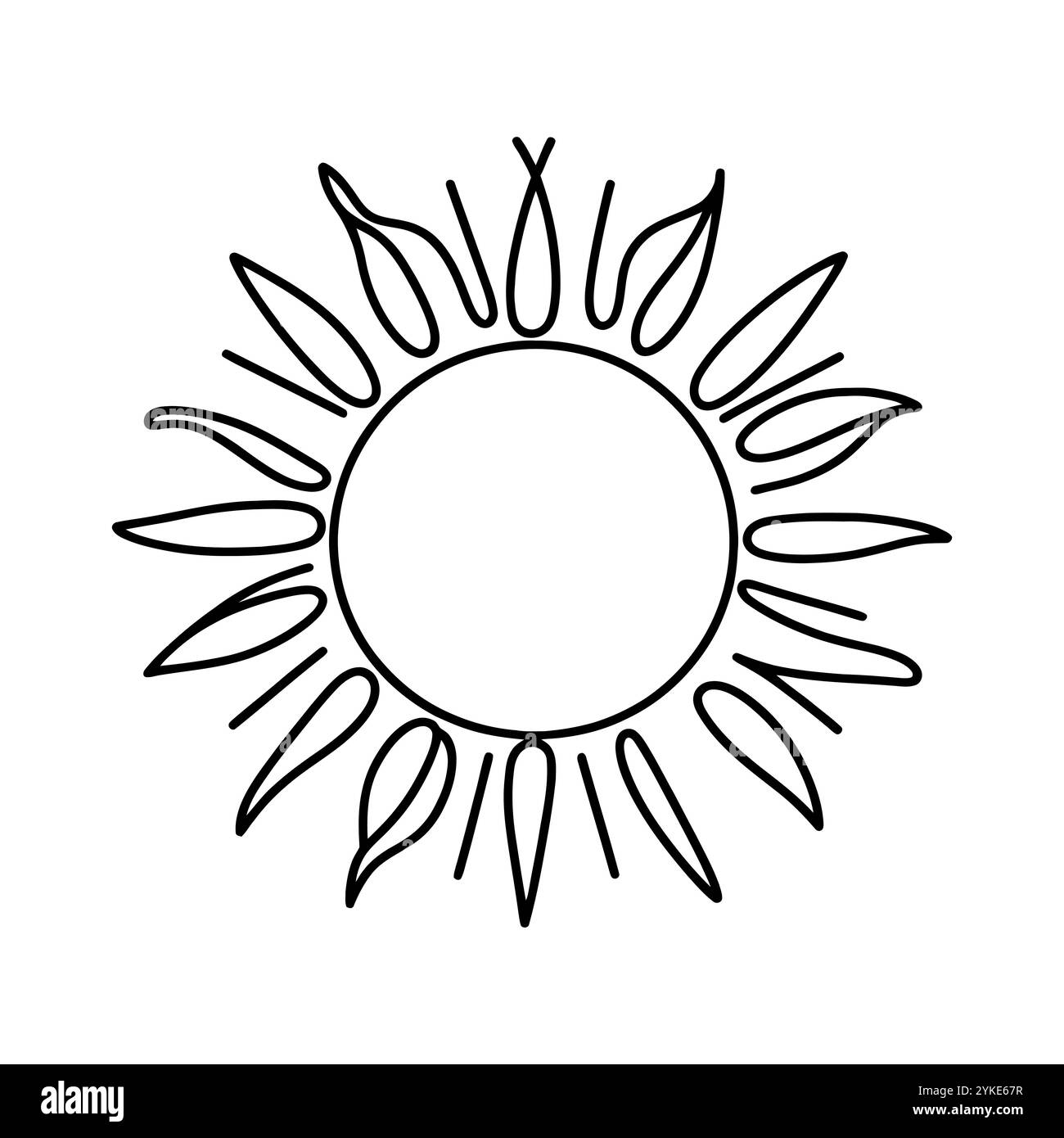 Linear sun icon. Black and white image of a hand-drawn sun. Vector ...