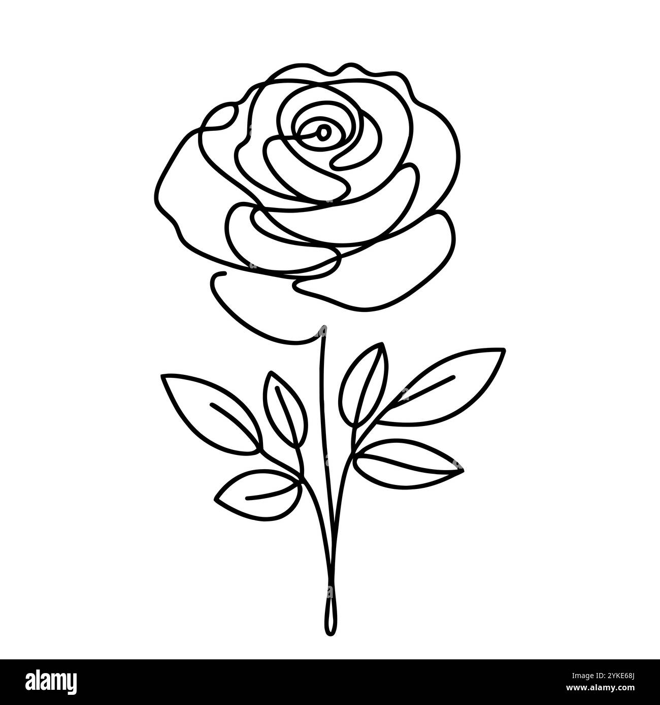 Linear rose icon. Black and white image of a hand-drawn rose flower ...