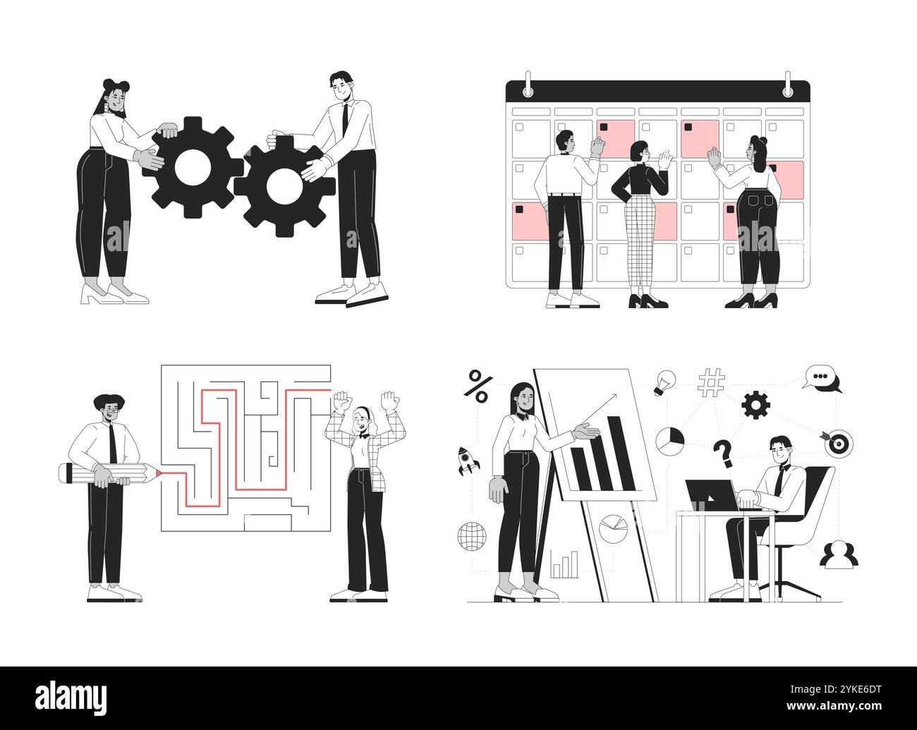 Businesspeople multiracial teams black and white 2D concepts set Stock Vector