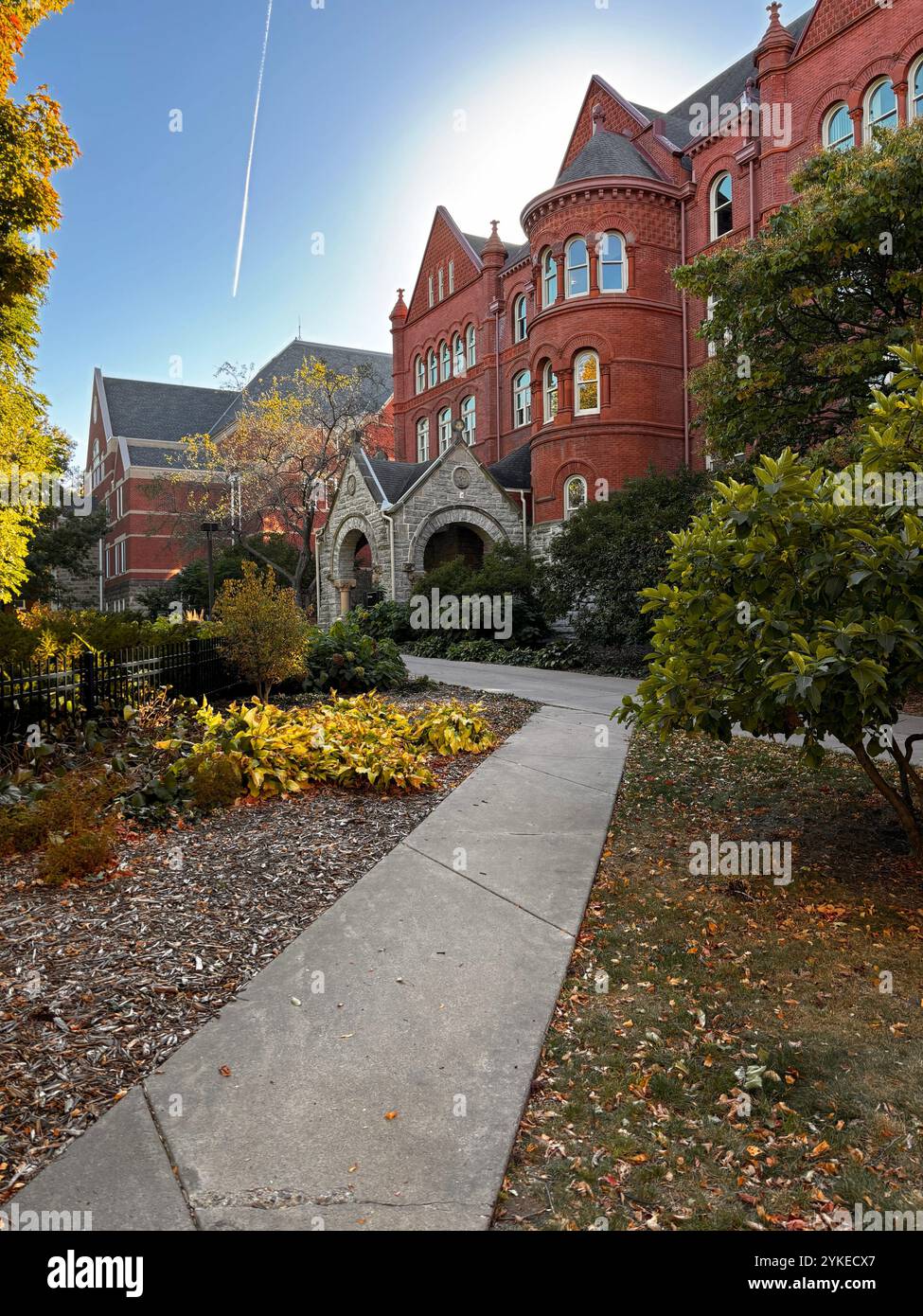 Autumn hues surround a picturesque campus landmark - Smartphone Captured Stock Image