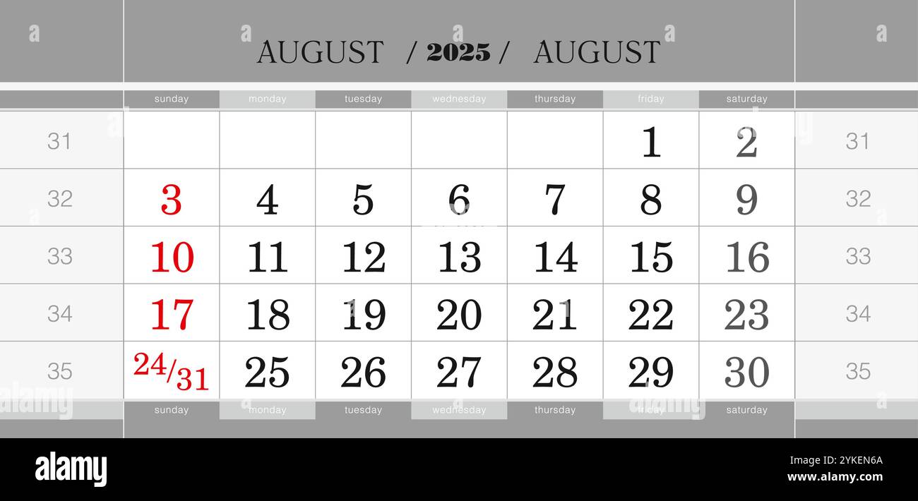 August 2025 quarterly calendar block. Wall calendar in English, week ...