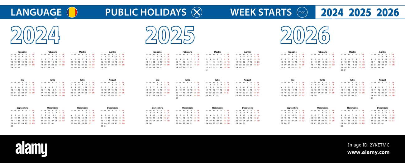 Simple calendar template in Romanian for 2024, 2025, 2026 years. Week