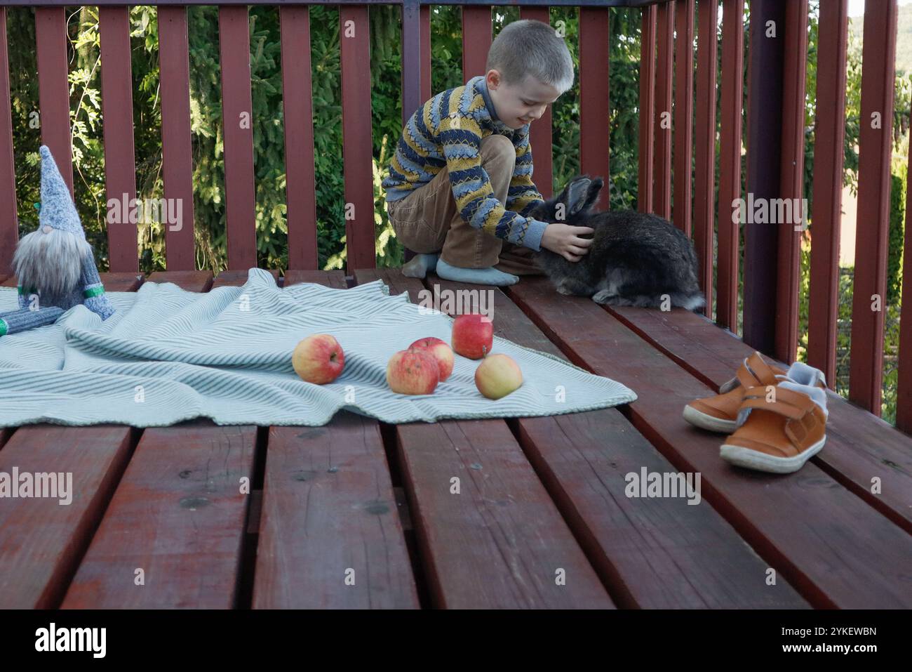 Boy and rabbit enjoying sunny terrace playtime Stock Photo