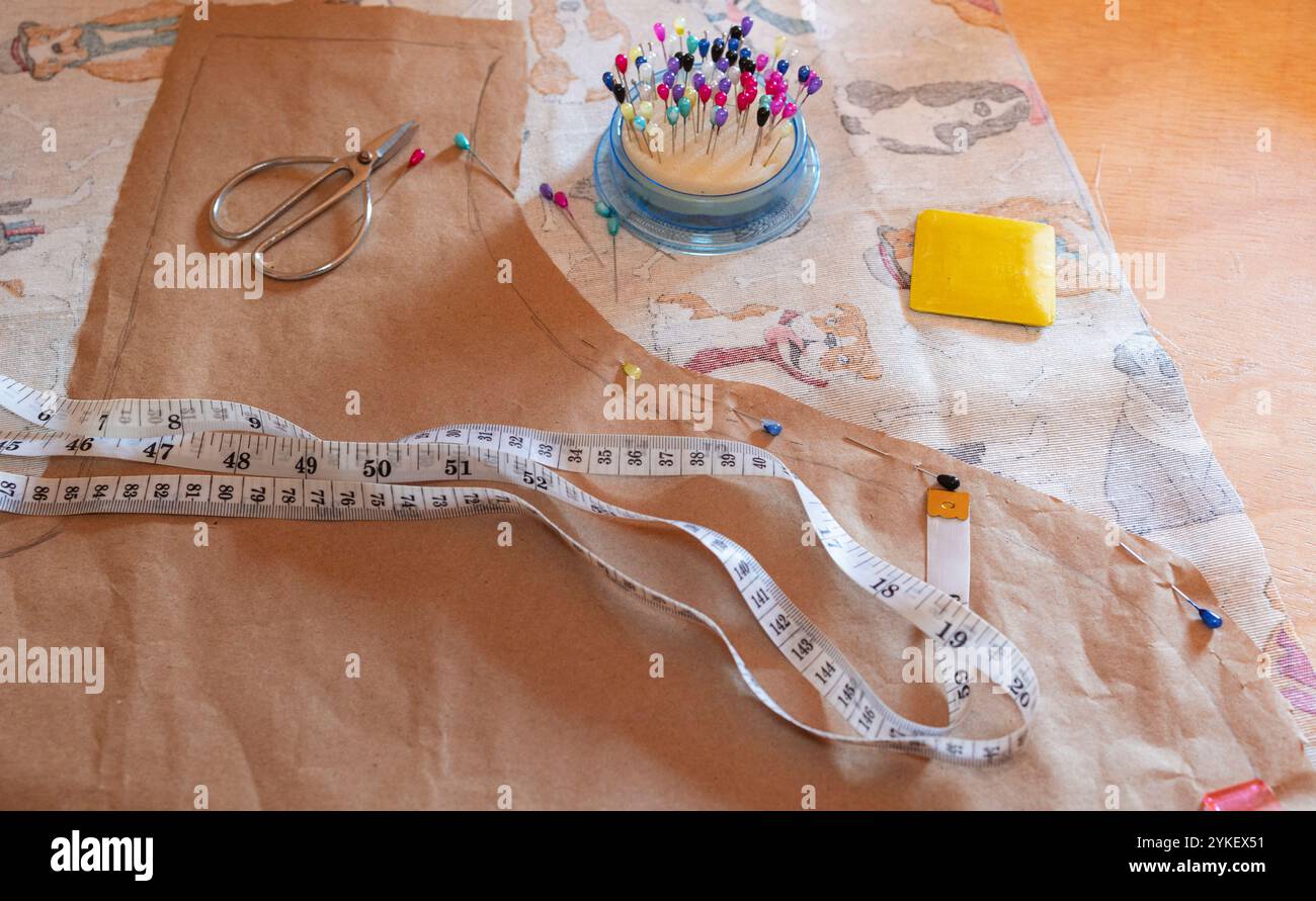 A pattern, needles and a fabric on the workshop table Stock Photo