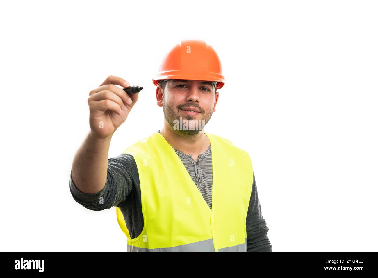 Smiling constructor holding marker on copyspace Stock Photo