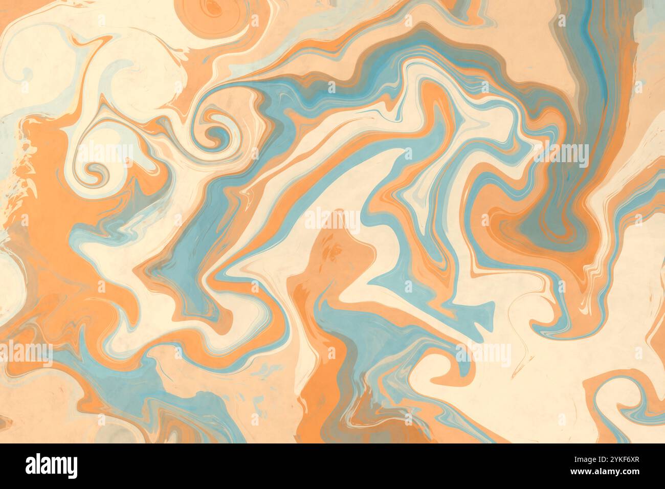This abstract illustration depicts a fluid marble design with swirls of beige, cream, orange, and blue, creating a soothing yet dynamic pattern suitab Stock Photo