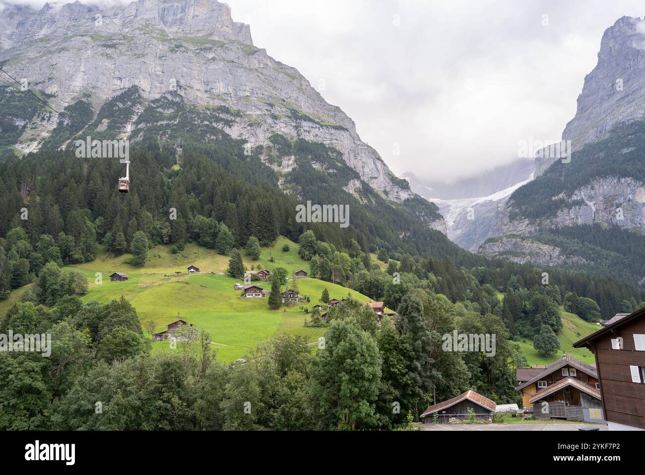 A picturesque scene from Grindelwald, Switzerland, showing lush green