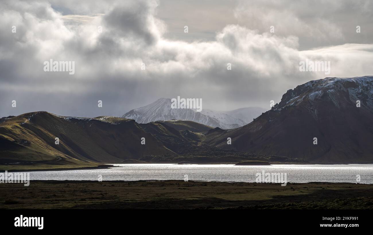 Panoramic view of the stark Icelandic highlands, featuring snow-capped ...