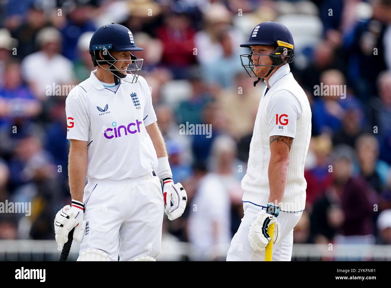 File photo dated 12-06-2022 of England's Joe Root and Ben Stokes (right) talk. Jos Buttler has his fingers crossed Ben Stokes and Joe Root are keen on white-ball returns for England in a bid to get the 'team back to where we want to be'. Issue date: Monday November 18, 2024. Stock Photo