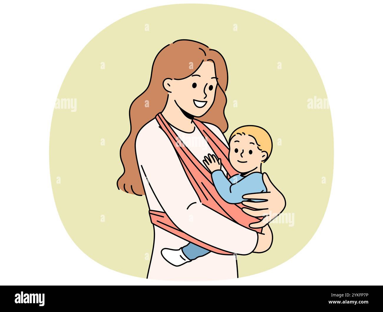 Mother holds baby in carrier sling and smiles, taking care of son and using comfortable babywearing. Caring happy woman with newborn, recommends purchasing sling for young mothers. Stock Vector