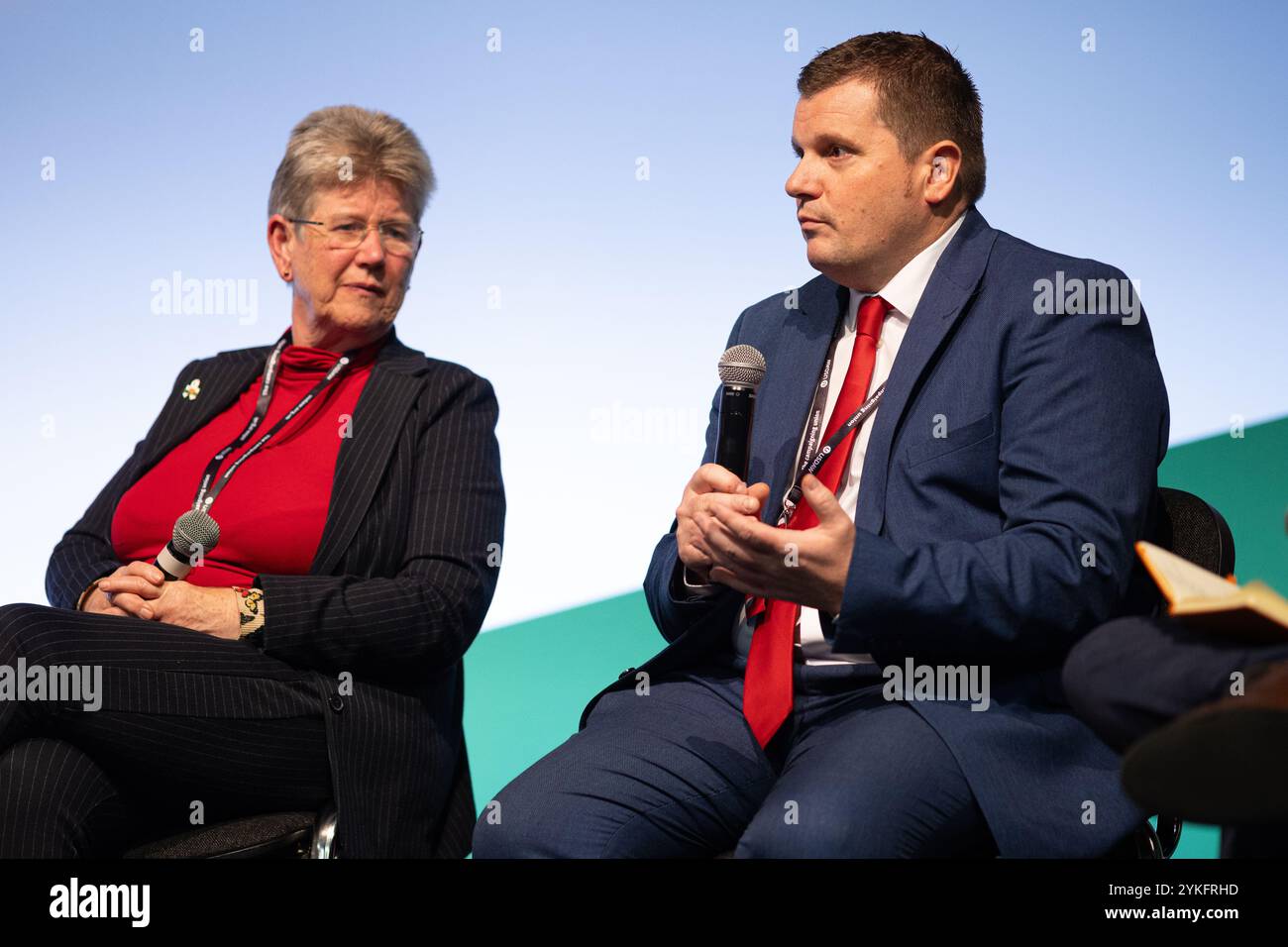 Llandudno, Wales, UK. 16th Nov 2024. Cllr Andrew Morgan OBE, Leader of Rhondda Cynon Taff Council, and leader of the WLGA speaks on a panel at Welsh Labour Conference, Jane Hutt MS, Cabinet Secretary for Social Justice is seated next to him. Sean Pursey/Alamy Live News Stock Photo