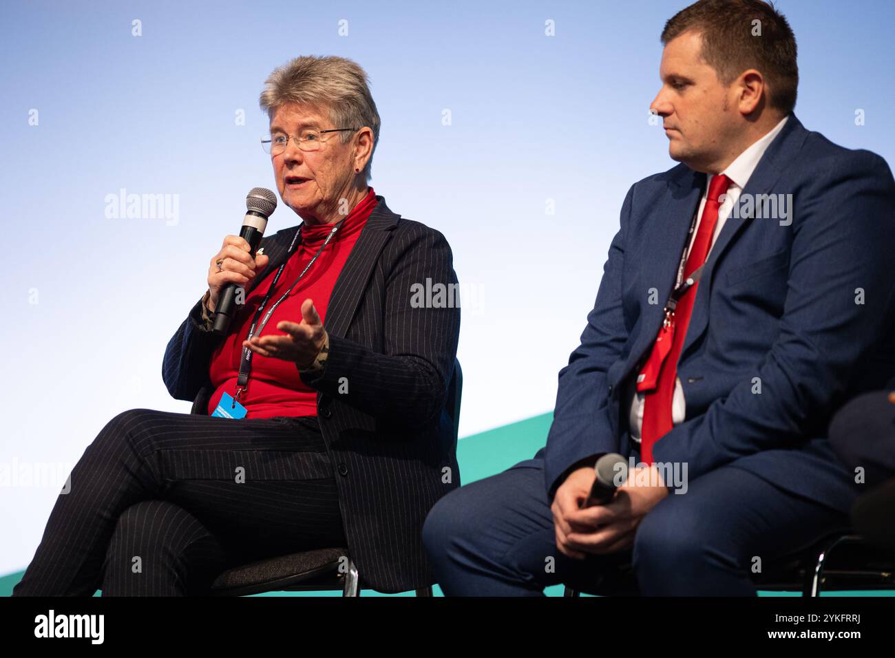 Llandudno, Wales, UK. 16th Nov 2024. Jane Hutt MS, Cabinet Secretary for Social Justice speaks on a panel at Welsh Labour Conference, Cllr Andrew Morgan OBE, Leader of Rhondda Cynon Taff Council, and leader of the WLGA is seated next to her. Sean Pursey/Alamy Live News Stock Photo