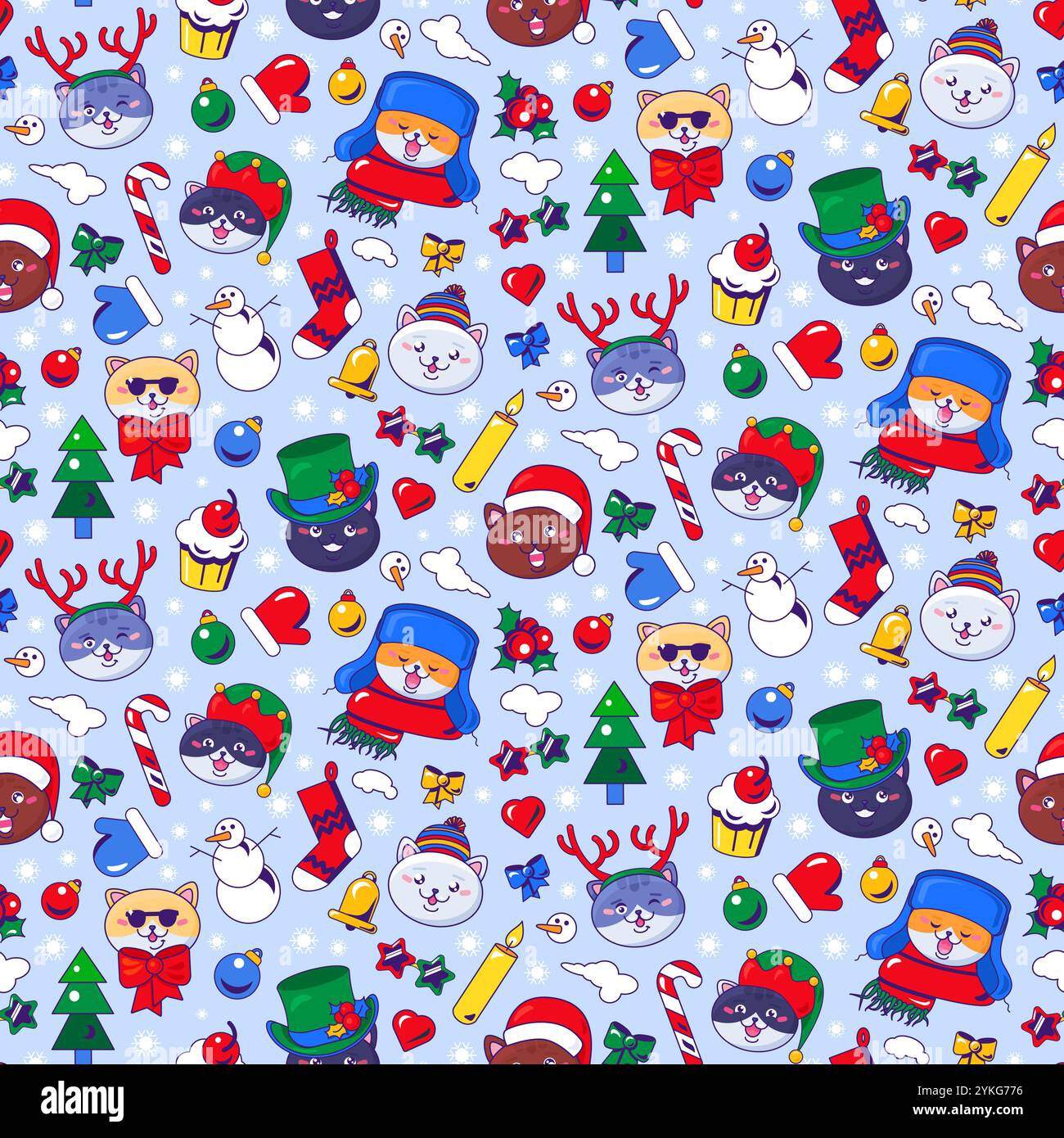 Holiday seamless pattern with funny cheerful cat faces in carnival and ...