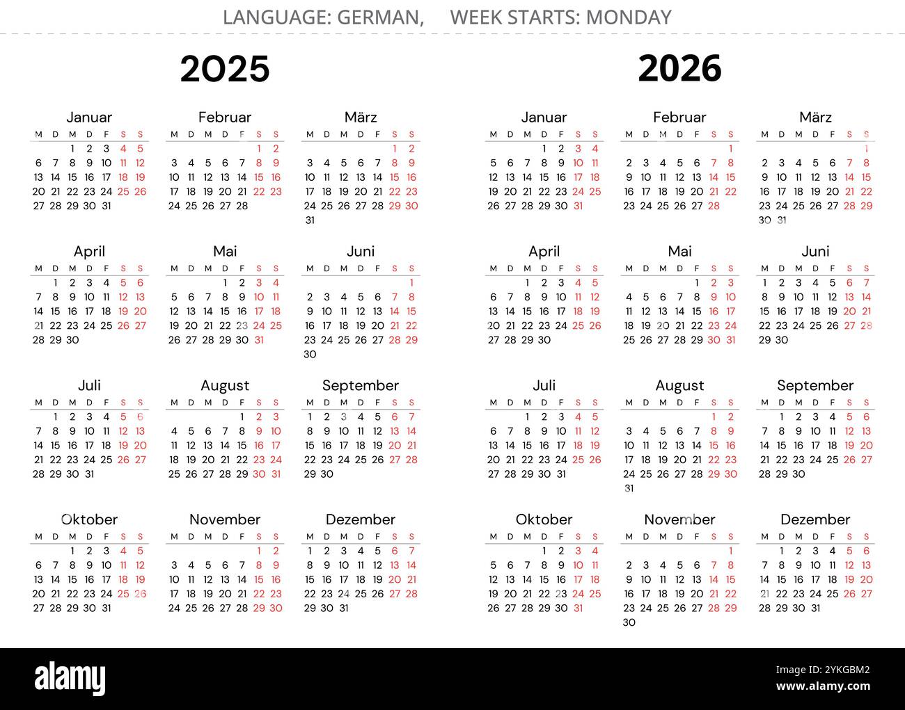 2025 and 2026 german calendars. Printable vector illustration sets for