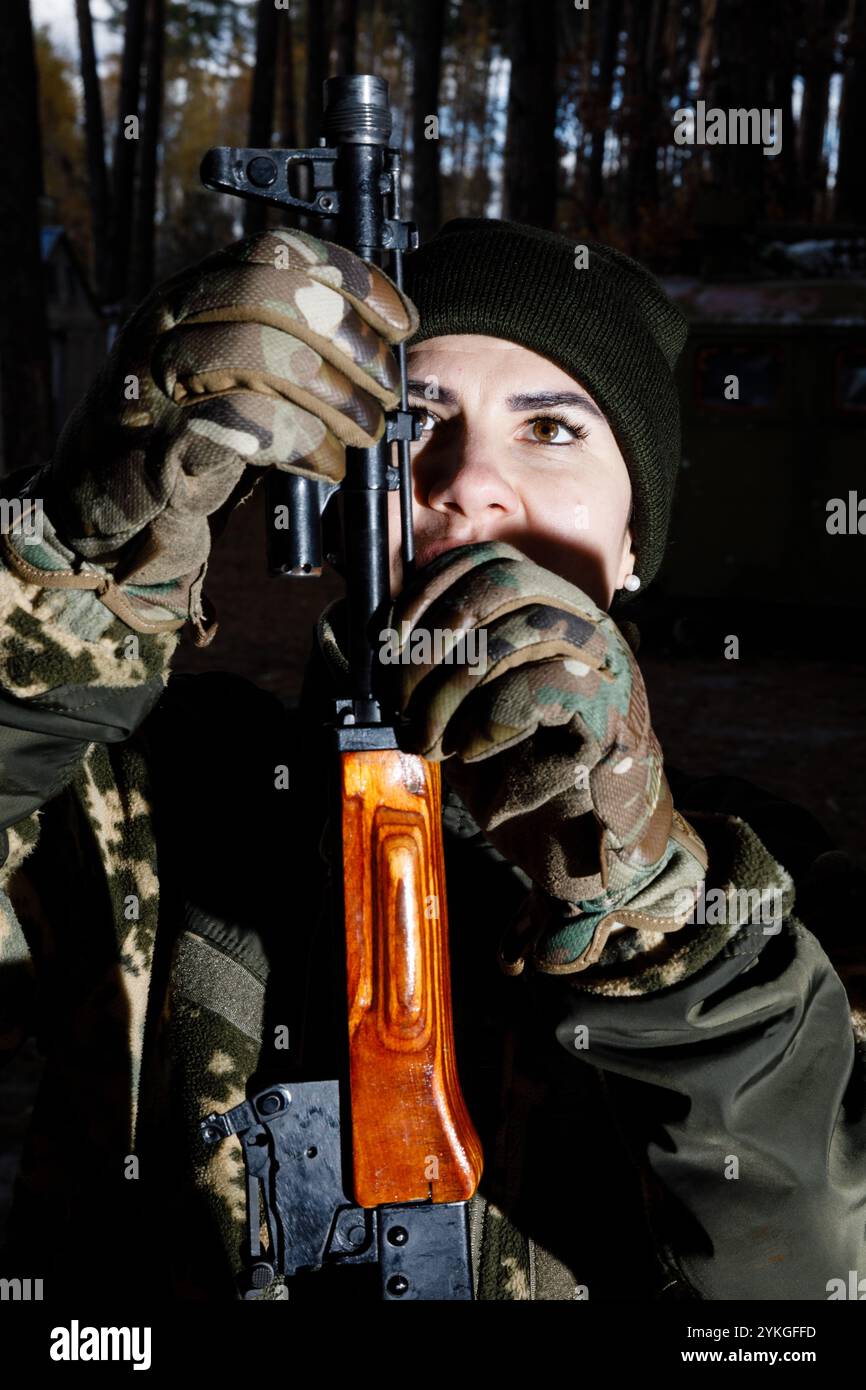 KYIV Reg., UKRAINE - Nov. 02, 2024:  Military training of the female air defence mobile group Witches of Bucha in Kyiv region, Ukraine. Stock Photo