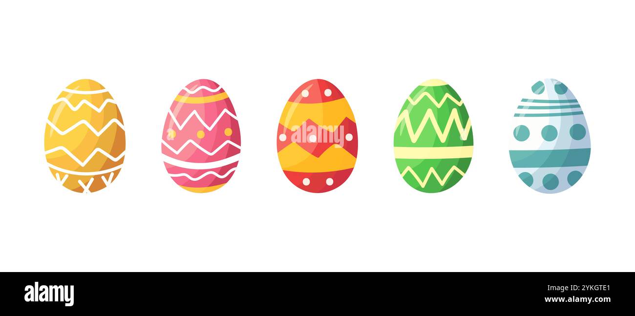 Happy Easter holiday colorful eggs set. Traditional spring religious Passover celebration decorative icons design. Christian holiday ornament elements. Colorful Paschal festive symbol collection Stock Vector