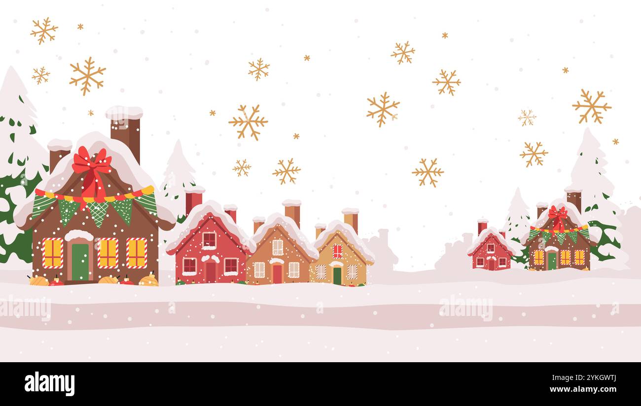 Christmas village snowy scene festive houses decorated with snowflakes ...