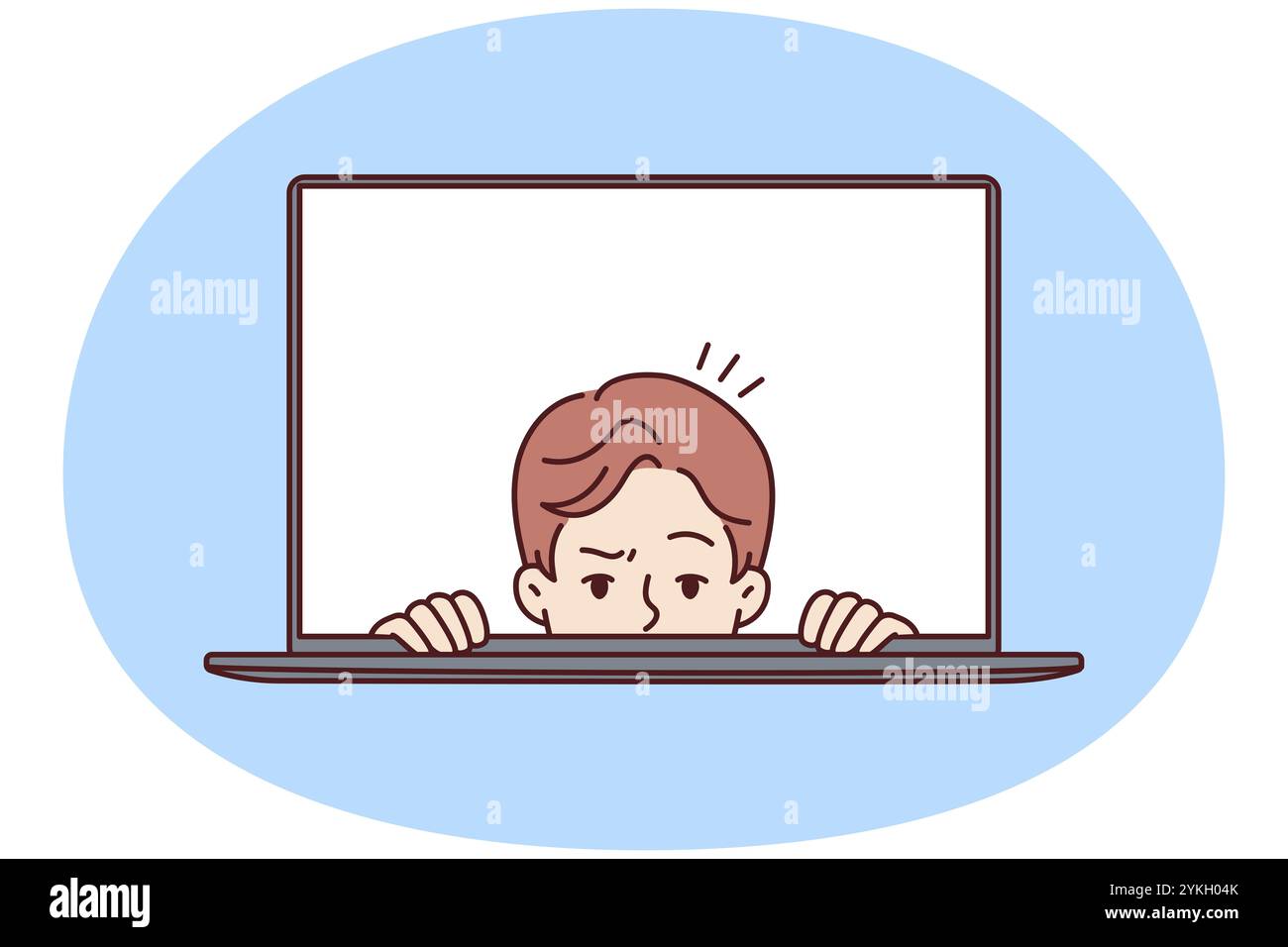 Man with frightened face looks out of laptop screen for concept of non-professional work on Internet and IT technologies. Frightened guy in laptop dis Stock Photo