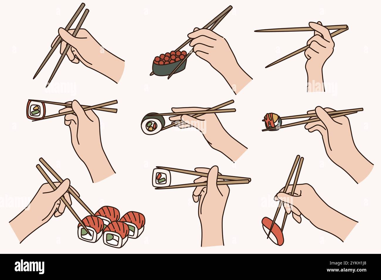 Collection of people hold chopsticks eating sushi. Set of persons enjoy traditional Japanese food. Japan cuisine culture and tradition. Flat illustrat Stock Photo