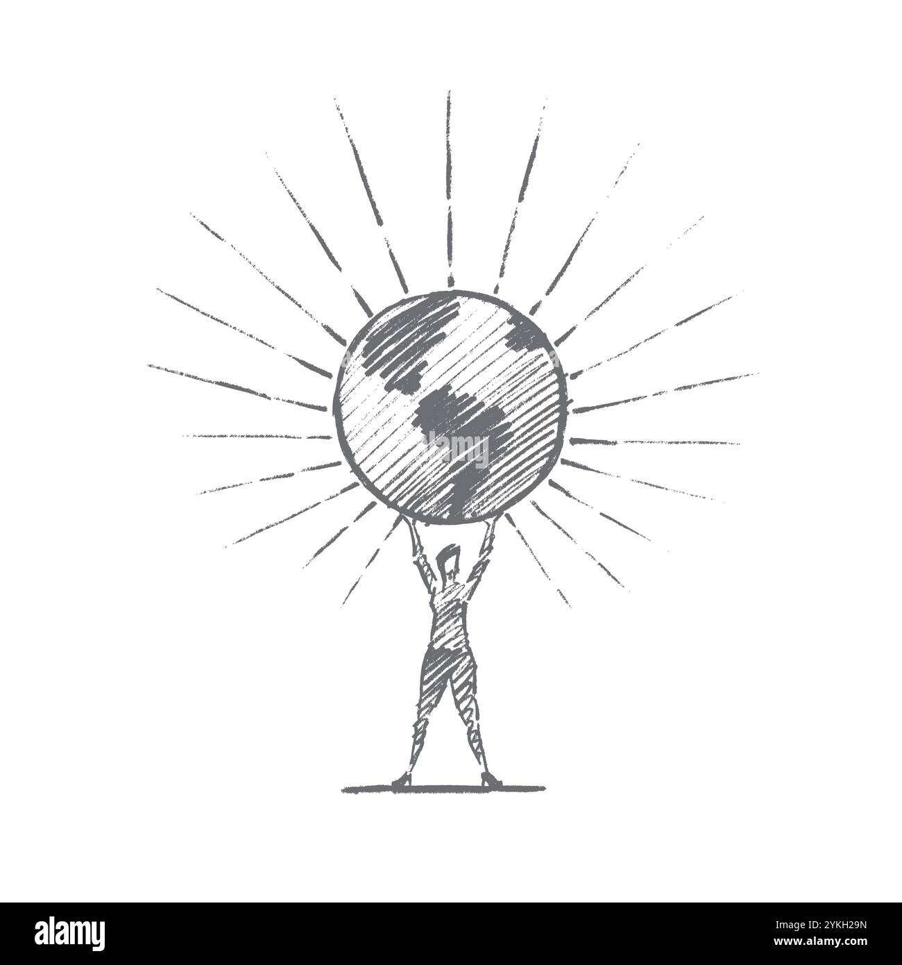 Vector hand drawn Planet Earth concept sketch. Woman standing and holding big shining globe on raised hands Stock Photo