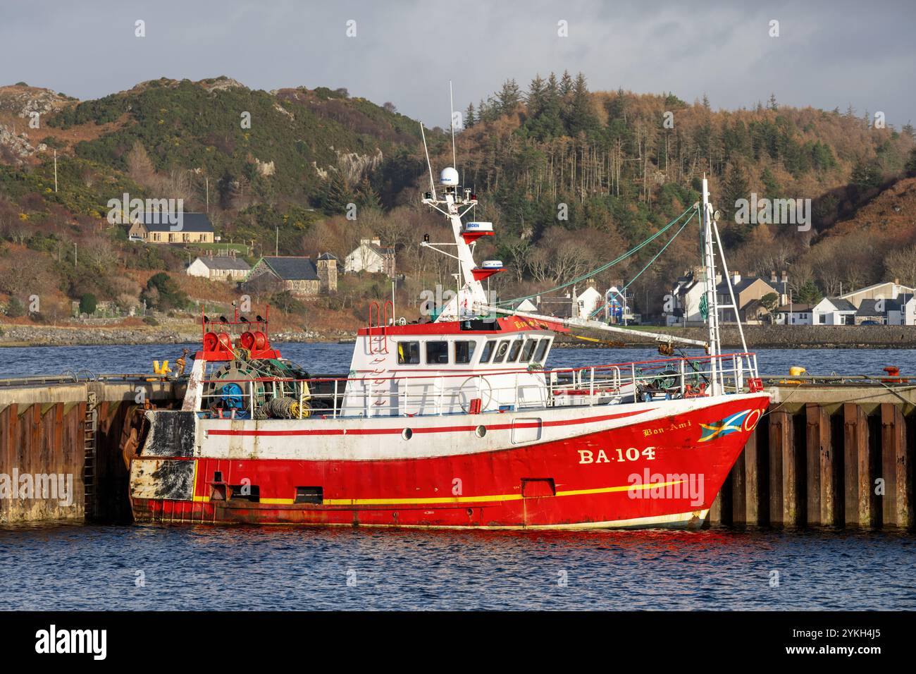 The UK / Scottish registered fishing vessel Bon Ami - BA104 - moored in Lochinver harbour on the west coast of Scotland. Stock Photo