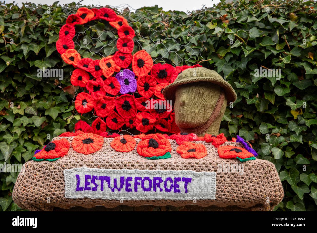 UK, England, Cheshire, Astbury, textile poppies remembrance Lest We ...
