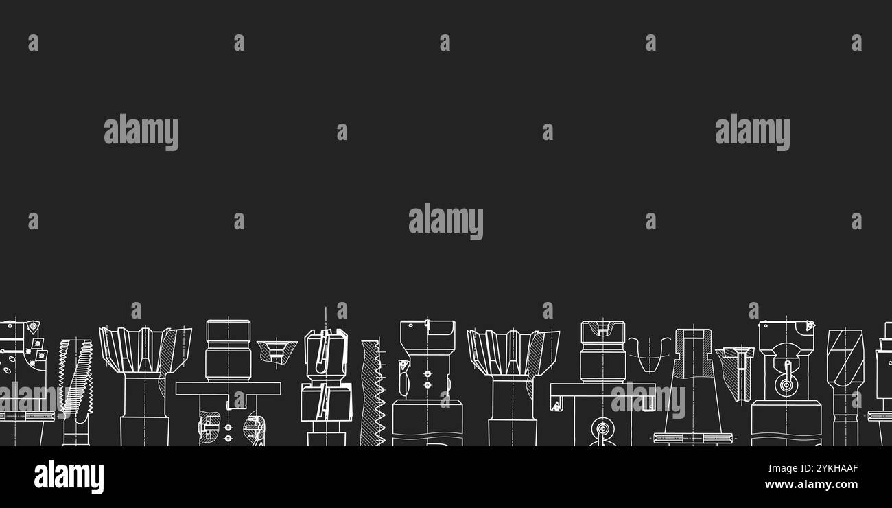 Mechanical engineering drawings on black background. Tap tools, borer ...