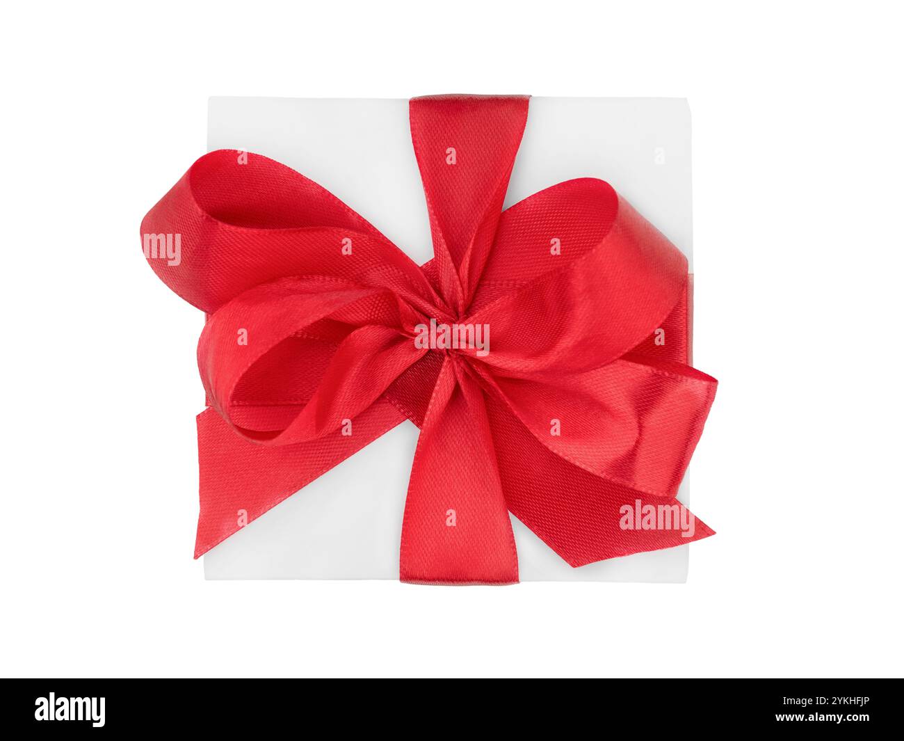 One white gift box with red bow from satin ribbon on white isolated ...