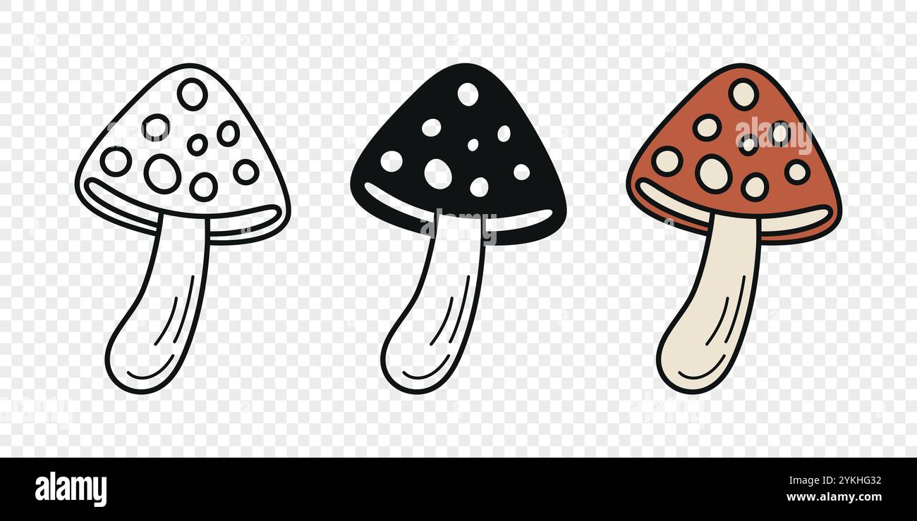 Flat Vector Hand Drawn Cartoon Fly Agaric Mushrooms Outline ...