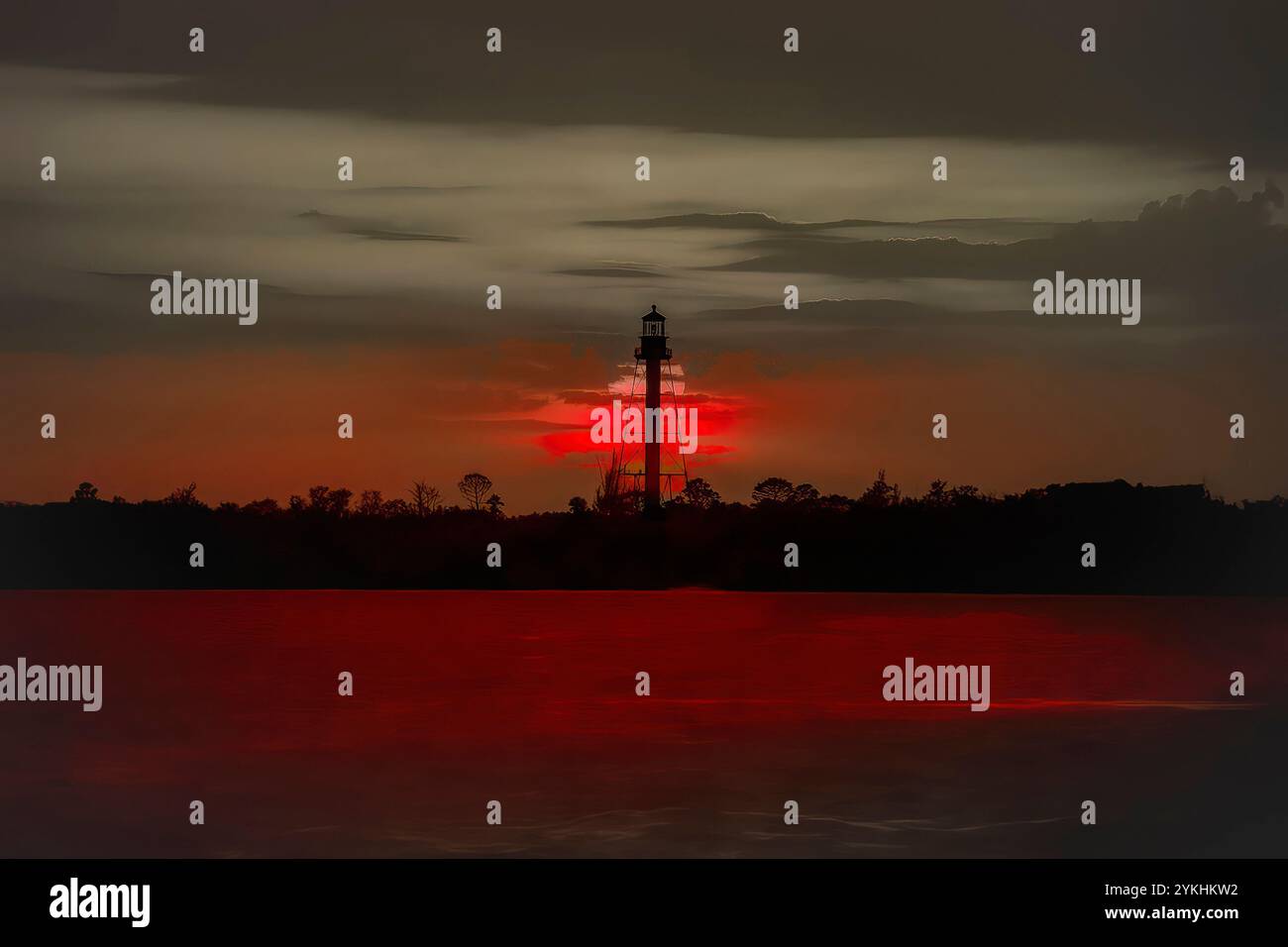 Dramatic red sunset behind a silhouetted lighthouse with reflection across calm water Stock Photo