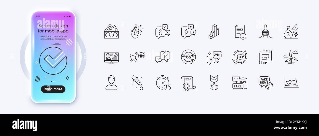 Certificate, Fake news and Money line icons for web app. Pictogram icon ...