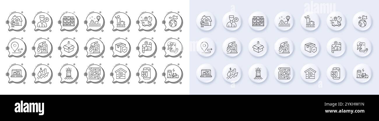 Flight destination, Maze and Rise price line icons. White pin 3d ...